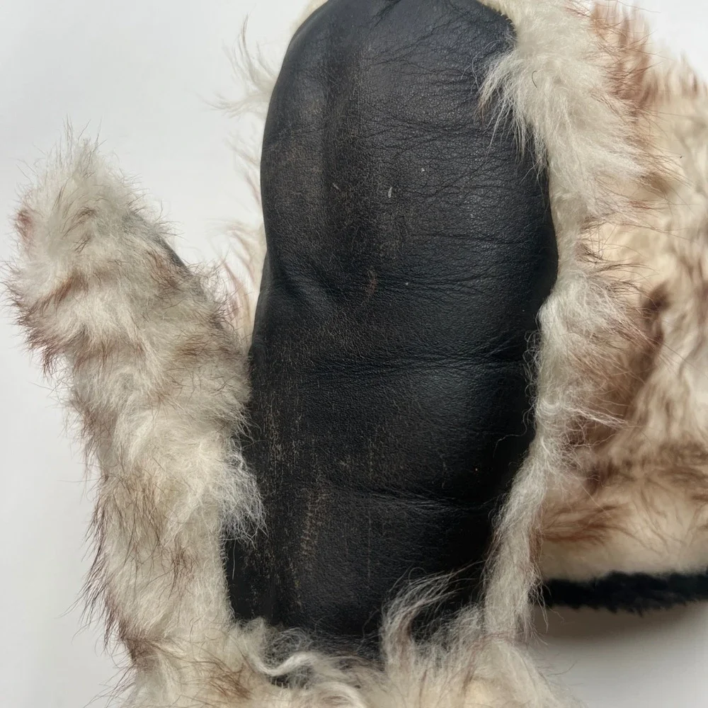 Vintage Genuine Fur Leather Mittens Shearling Sheepskin Cozy Winter Gloves